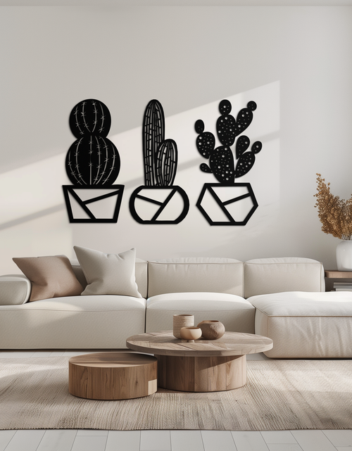 Load image into Gallery viewer, Geometric Cactus Set Metal Wall Art – Modern Black Steel Succulent Decor for Home and Office- KAF518
