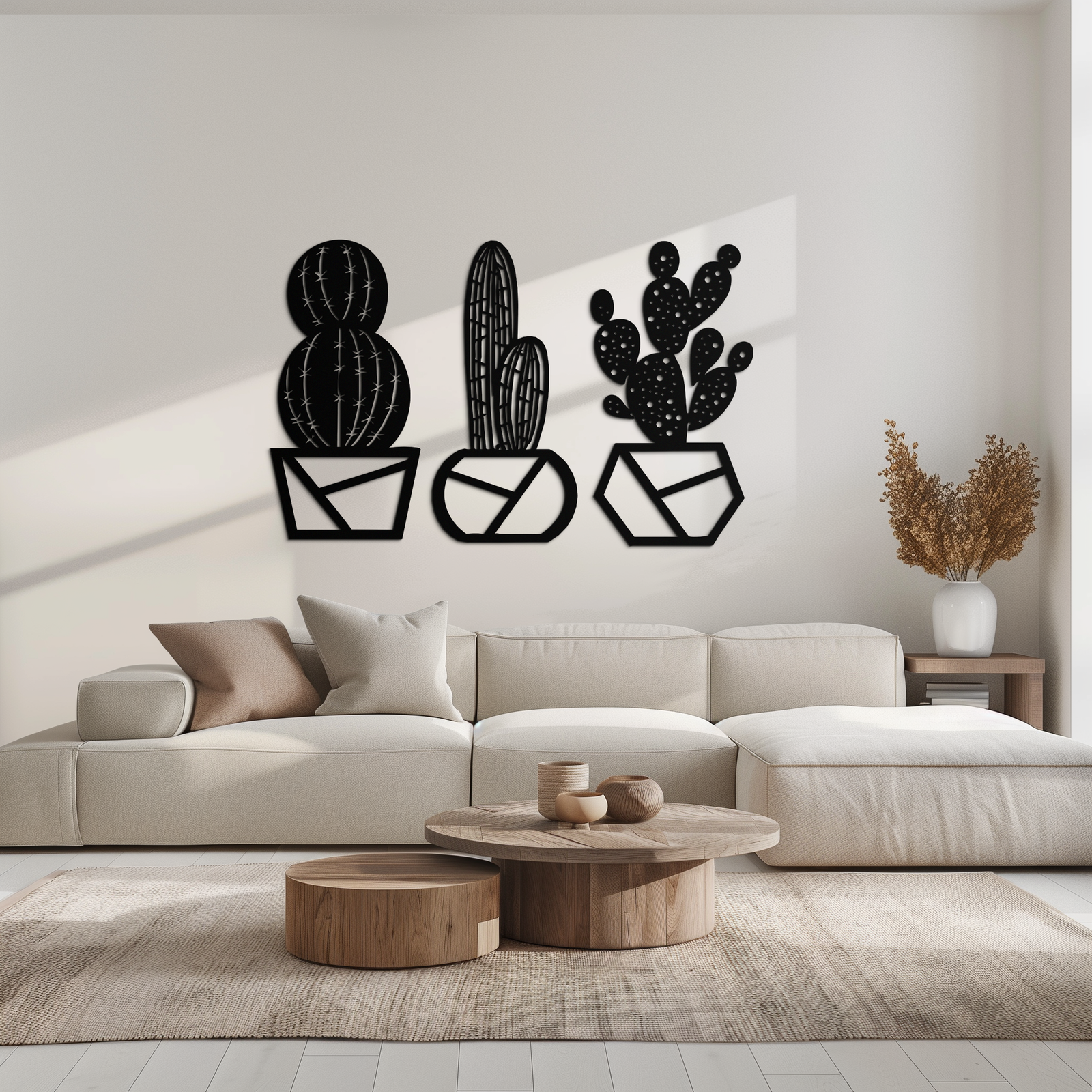Geometric Cactus Set Metal Wall Art – Modern Black Steel Succulent Decor for Home and Office- KAF518