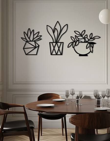 Geometric Plant Silhouette Metal Wall Art – Modern Black Botanical Home Decor- KAF519