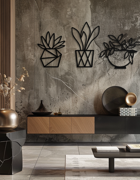 Geometric Plant Silhouette Metal Wall Art – Modern Black Botanical Home Decor- KAF519