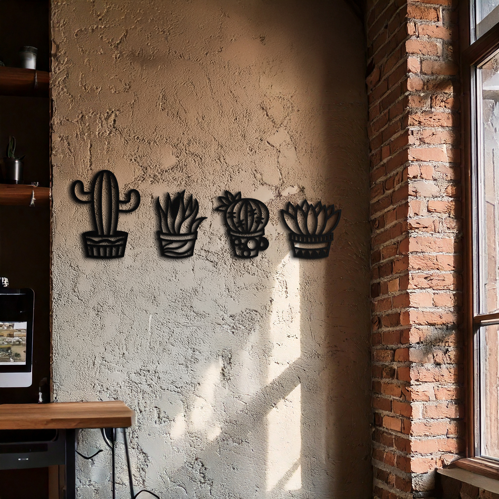 Cactus Silhouette Metal Wall Art – Modern Black Botanical Garden Decor- KAF520