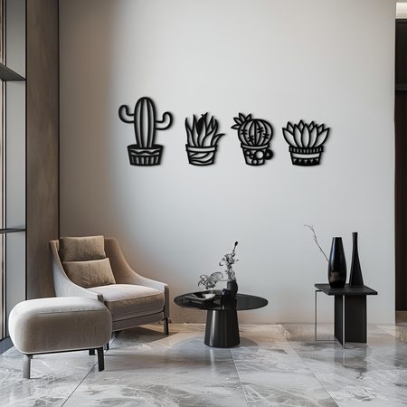 Cactus Silhouette Metal Wall Art – Modern Black Botanical Garden Decor- KAF520