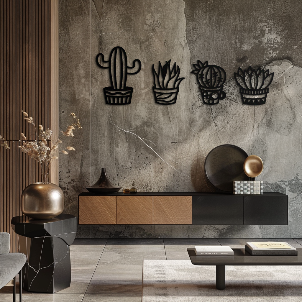 Cactus Silhouette Metal Wall Art – Modern Black Botanical Garden Decor- KAF520
