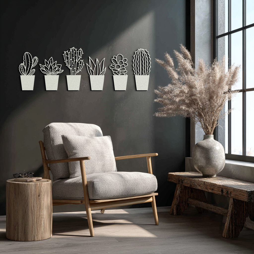 Cactus Succulent Plant Metal Wall Art – Modern Black Botanical Home Decor- KAF521