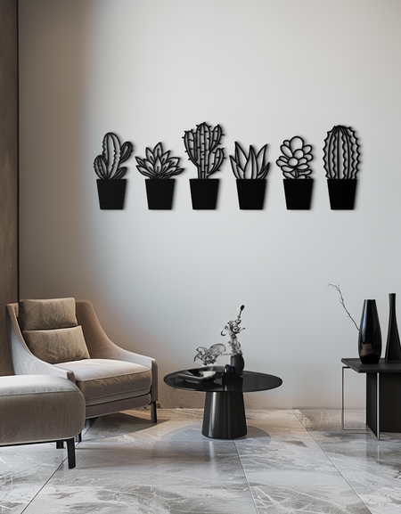 Kaktüs Sukulent Bitki Metal Duvar Sanatı – Modern Siyah Botanik Ev Dekoru- KAF521