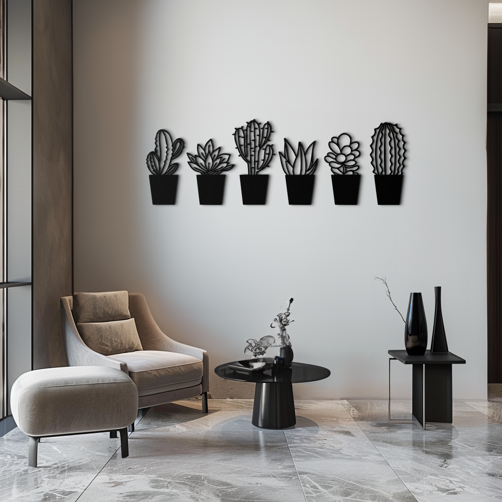 Cactus Succulent Plant Metal Wall Art – Modern Black Botanical Home Decor- KAF521