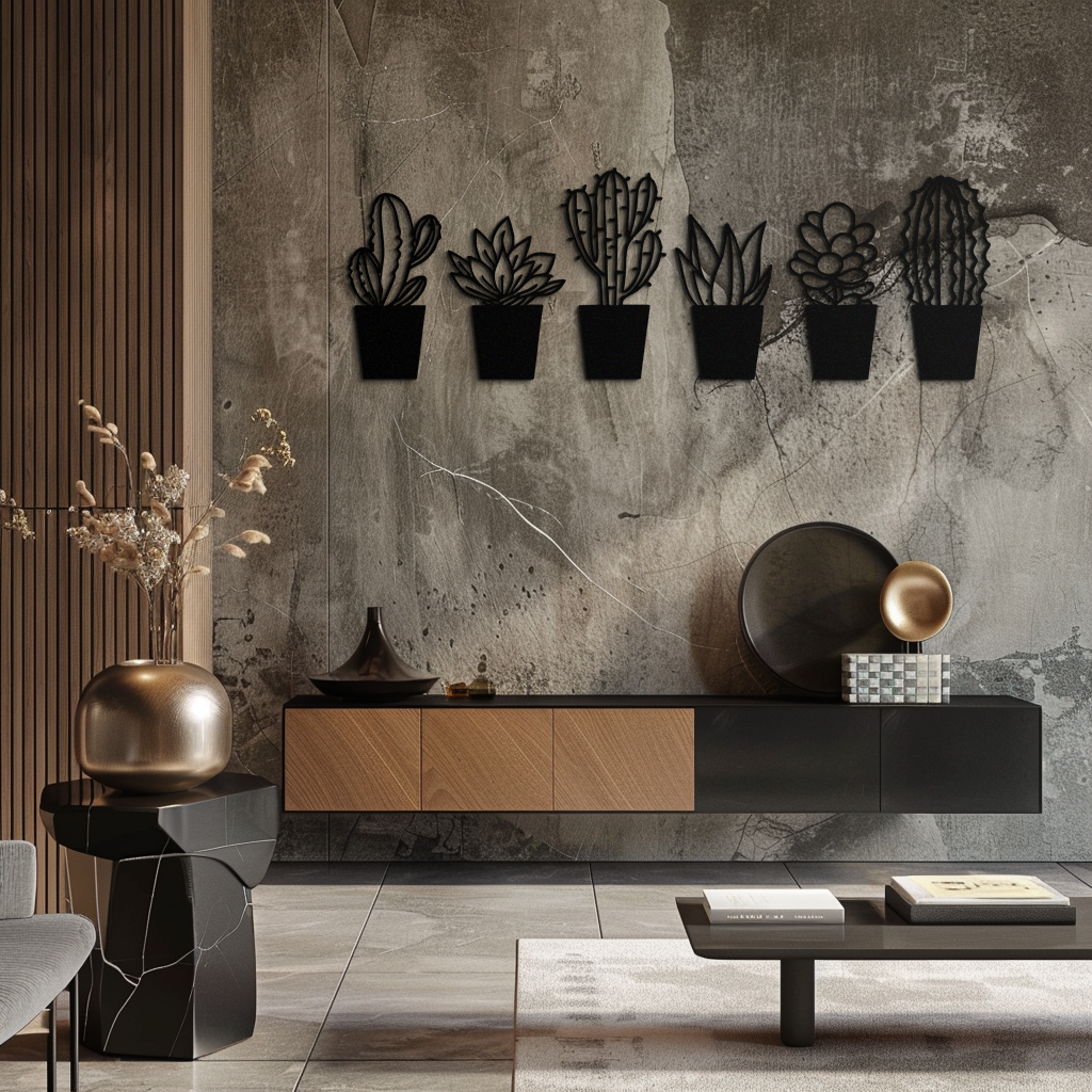 Cactus Succulent Plant Metal Wall Art – Modern Black Botanical Home Decor- KAF521