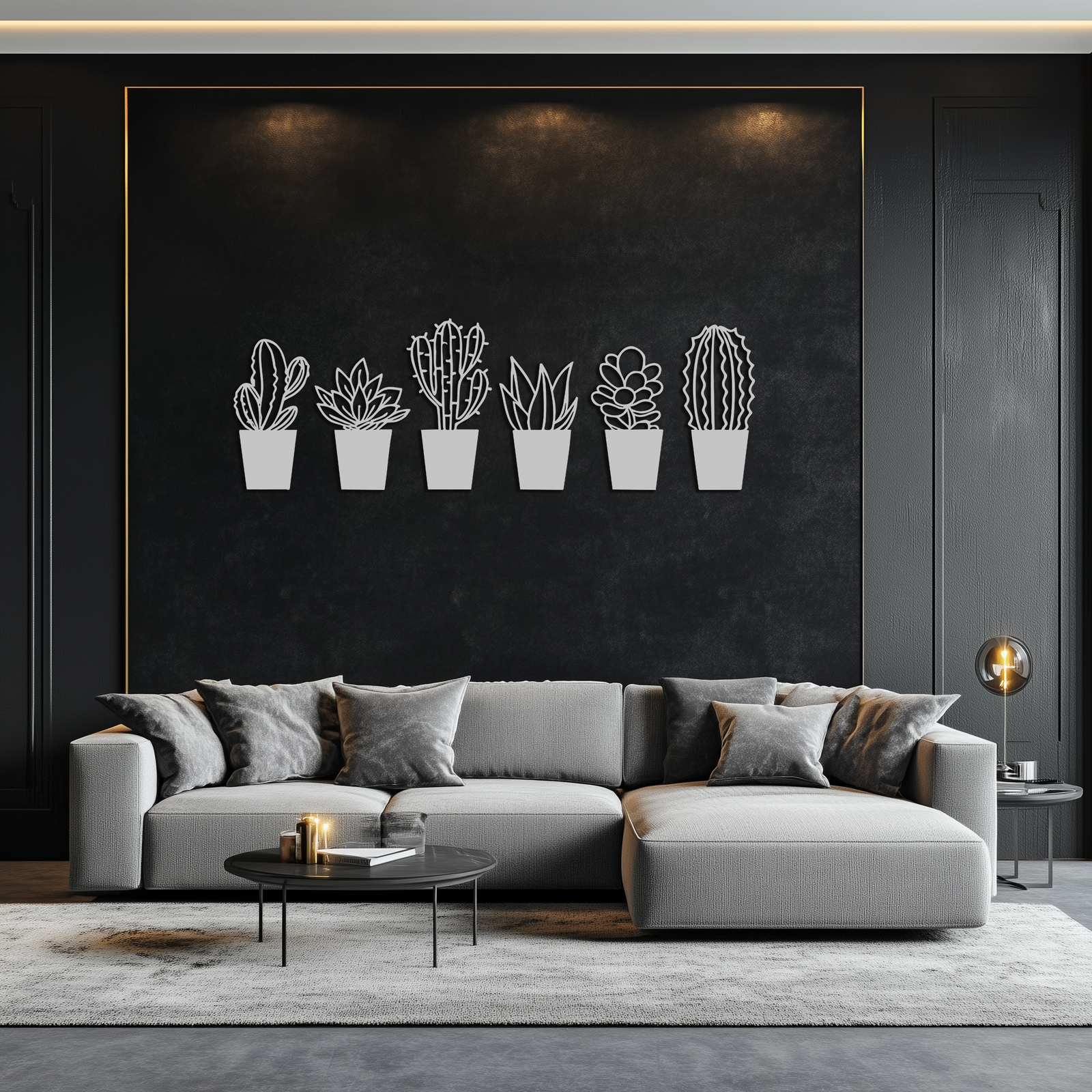 Cactus Succulent Plant Metal Wall Art – Modern Black Botanical Home Decor- KAF521
