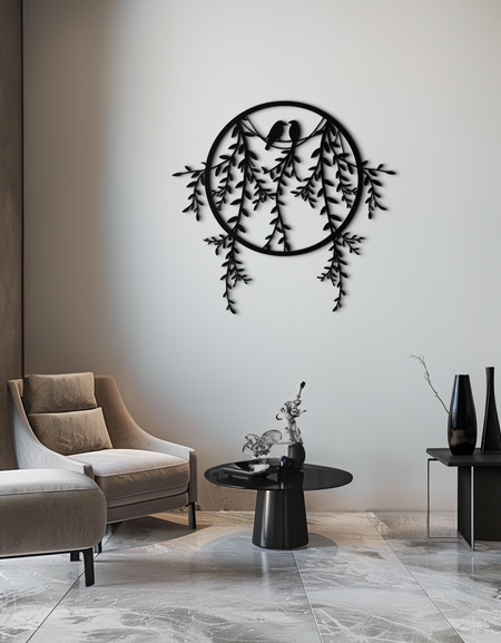 Aşk Kuşları Metal Duvar Sanatı – Romantik Doğa Esintili Siyah Metal Dekor- KAF523