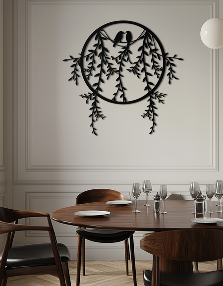 Aşk Kuşları Metal Duvar Sanatı – Romantik Doğa Esintili Siyah Metal Dekor- KAF523