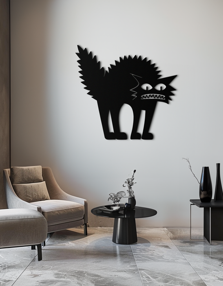 Korkmuş Kedi Silüeti Metal Duvar Sanatı – Modern Siyah Kedi Cadılar Bayramı Ev Dekoru- KAF524