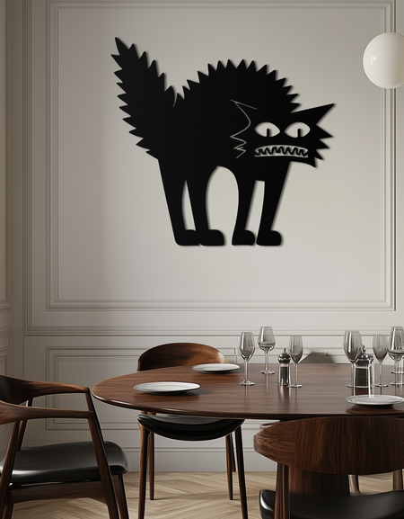 Korkmuş Kedi Silüeti Metal Duvar Sanatı – Modern Siyah Kedi Cadılar Bayramı Ev Dekoru- KAF524