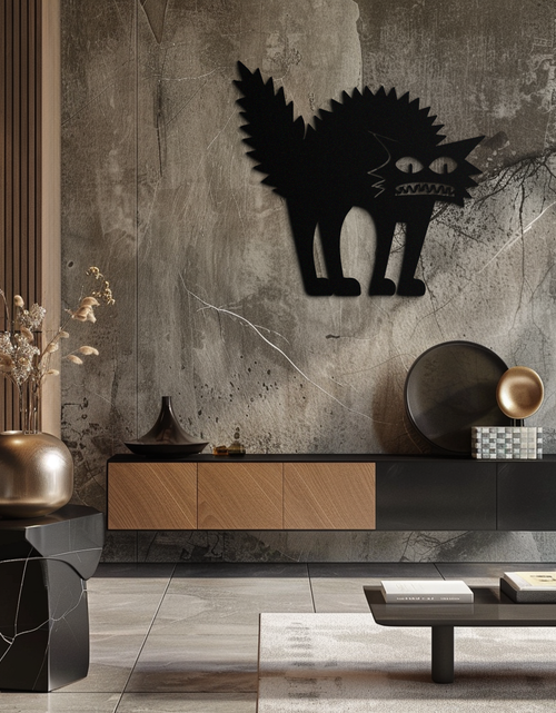 Load image into Gallery viewer, Scared Cat Silhouette Metal Wall Art – Modern Black Cat Halloween Home Decor- KAF524
