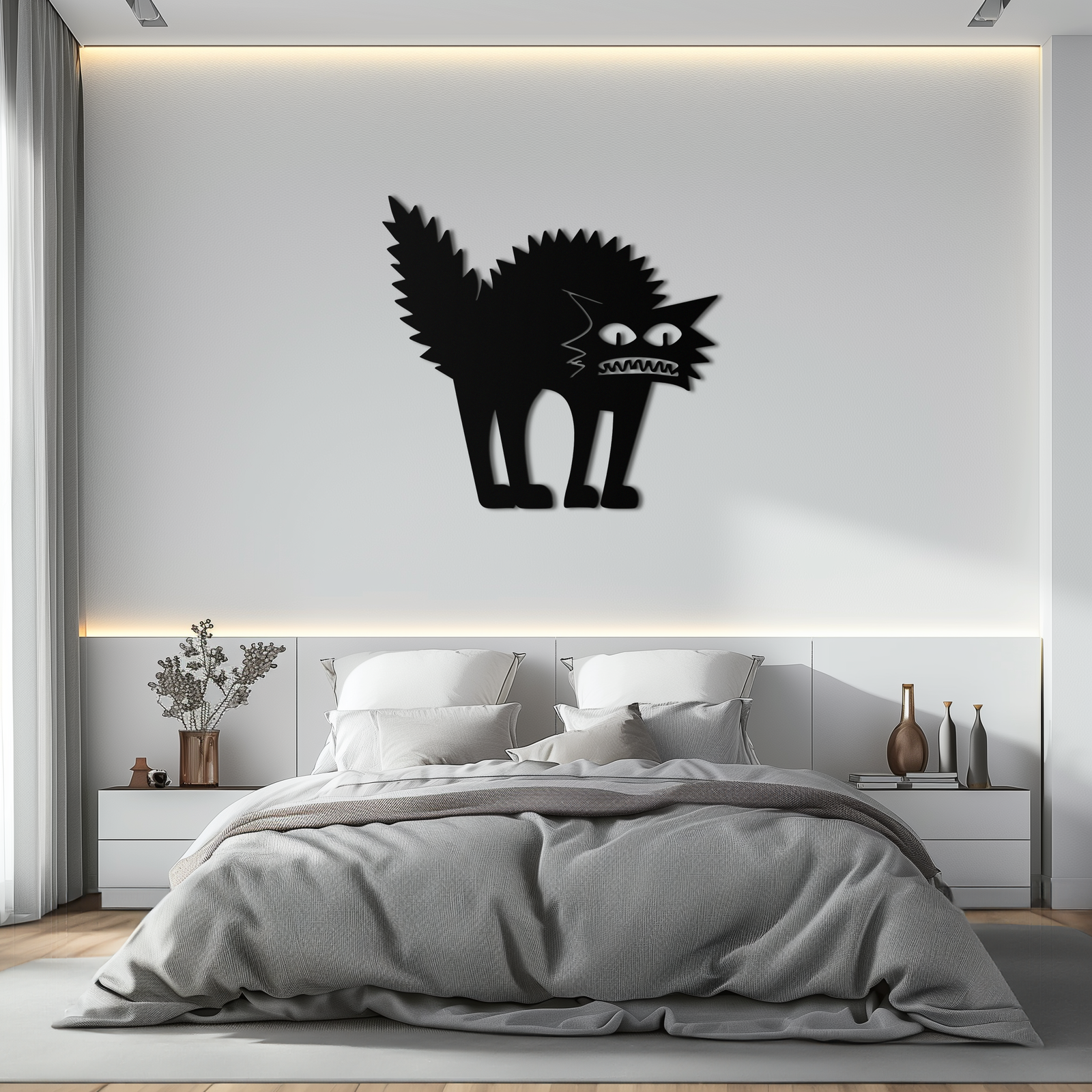 Scared Cat Silhouette Metal Wall Art – Modern Black Cat Halloween Home Decor- KAF524