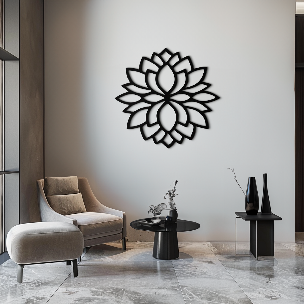 Lotus Çiçeği Silüeti Metal Duvar Sanatı – Ev veya Ofis için Zarif Siyah Zen Dekoru- KAF525