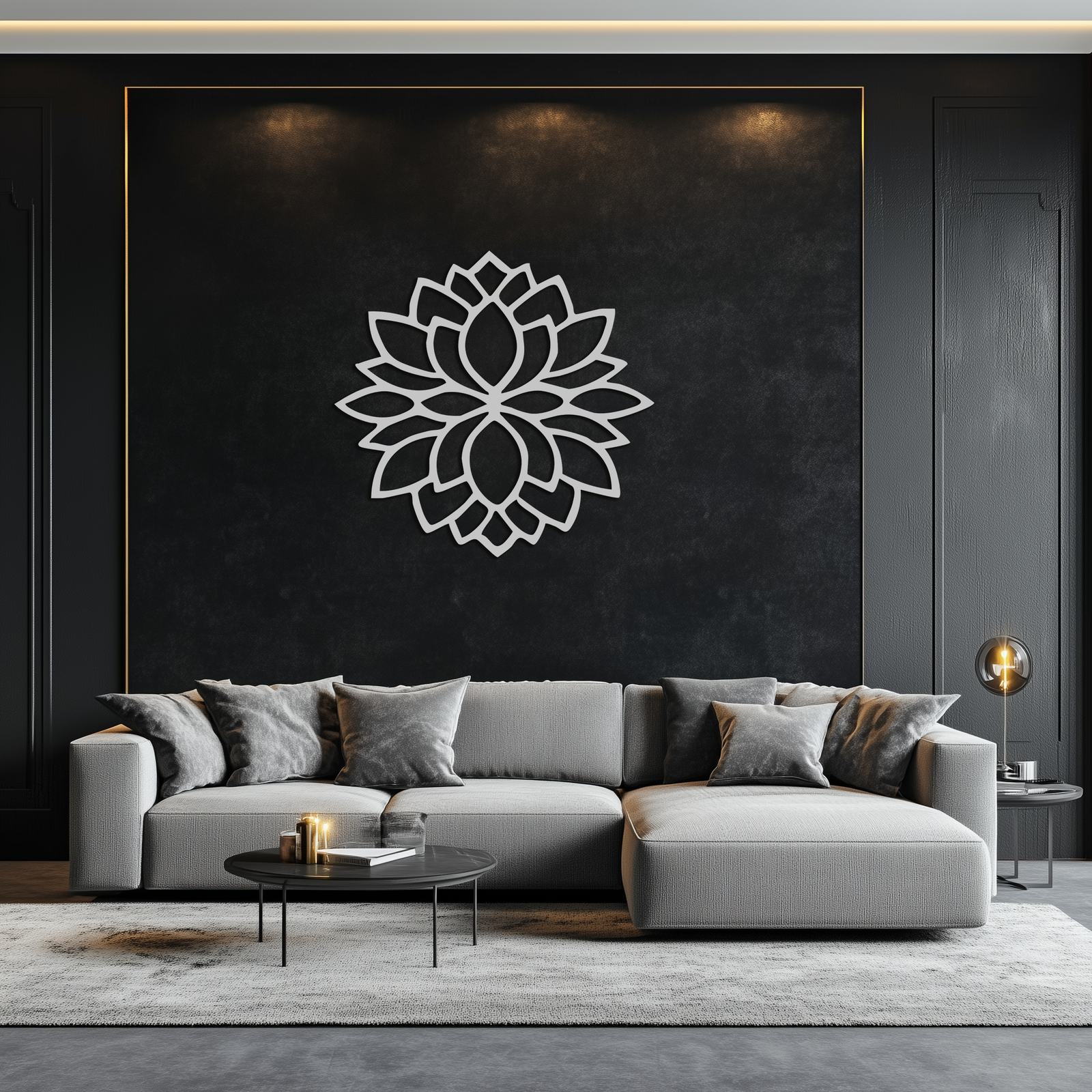 Lotus Çiçeği Silüeti Metal Duvar Sanatı – Ev veya Ofis için Zarif Siyah Zen Dekoru- KAF525