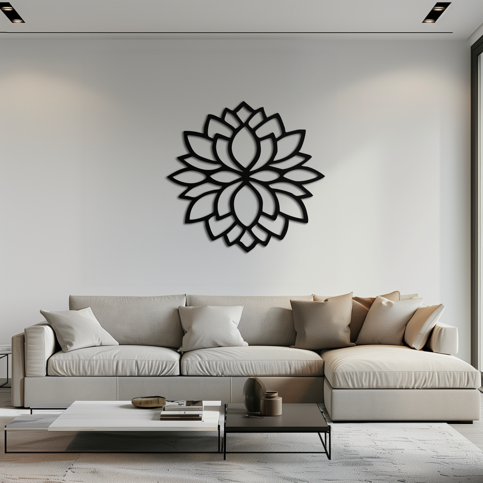 Lotus Çiçeği Silüeti Metal Duvar Sanatı – Ev veya Ofis için Zarif Siyah Zen Dekoru- KAF525