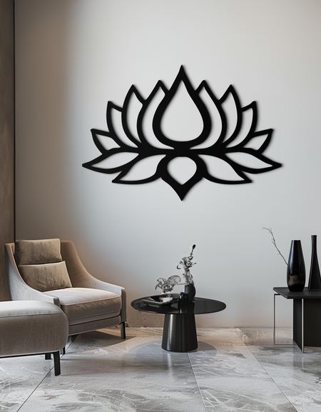 Lotus Çiçeği Silüeti Metal Duvar Sanatı – Modern Siyah Çiçekli Ev Dekoru- KAF526