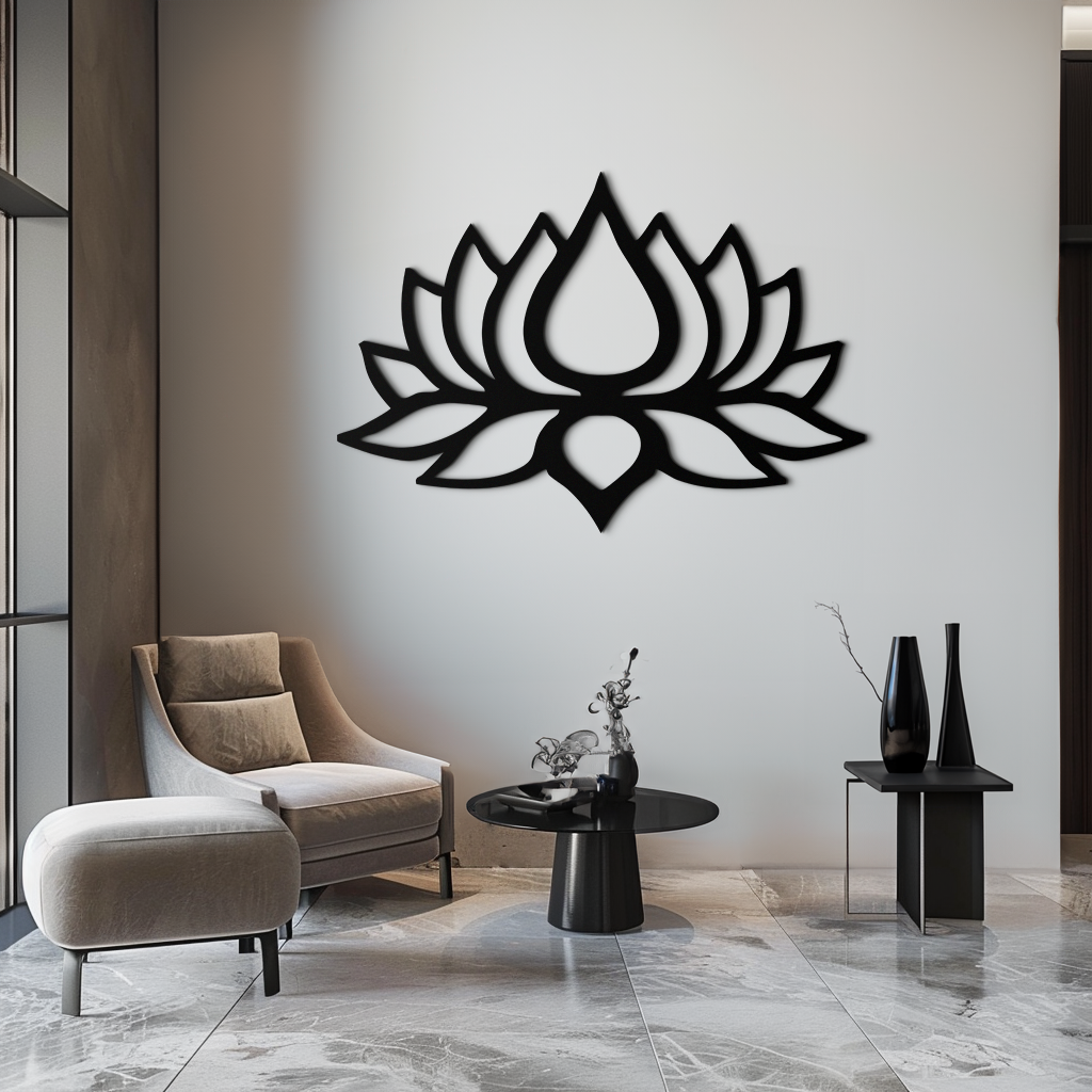 Lotus Çiçeği Silüeti Metal Duvar Sanatı – Modern Siyah Çiçekli Ev Dekoru- KAF526