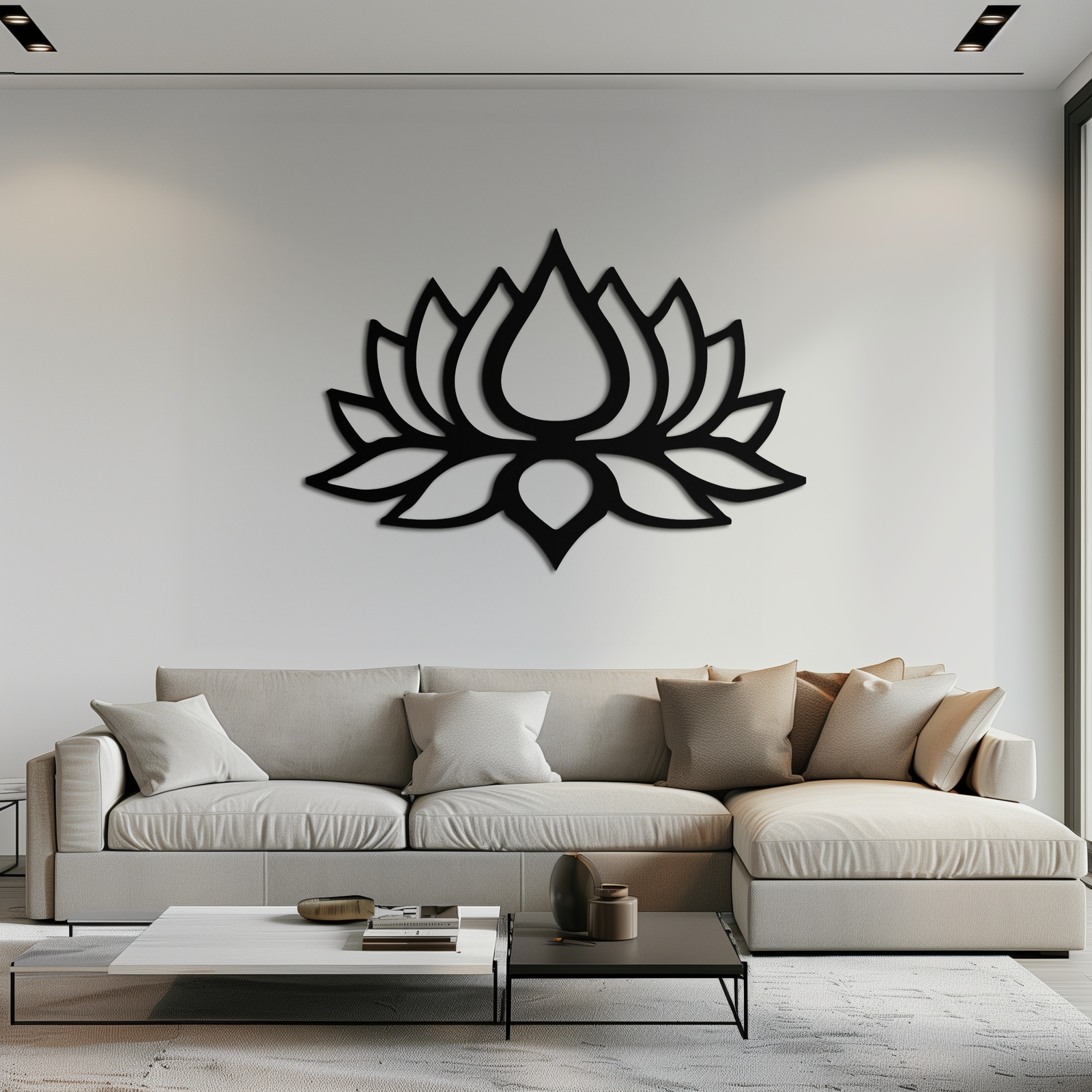 Lotus Çiçeği Silüeti Metal Duvar Sanatı – Modern Siyah Çiçekli Ev Dekoru- KAF526