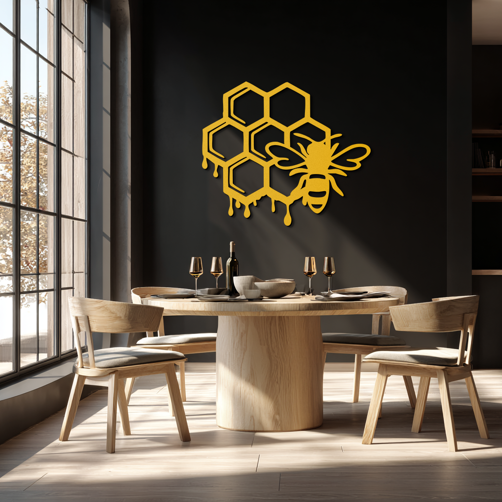 Honeybee and Honeycomb Silhouette Metal Wall Art – Modern Bee Home Decor- KAF543