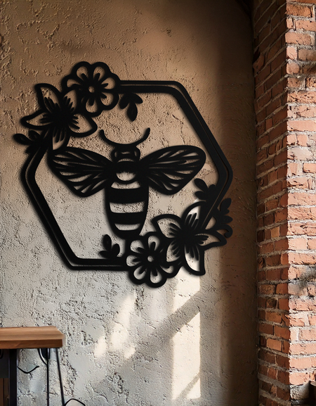 Floral Bee Silhouette Metal Wall Art – Nature Inspired Home Decoration- KAF544