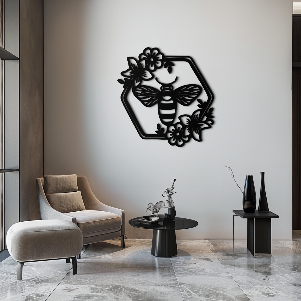 Floral Bee Silhouette Metal Wall Art – Nature Inspired Home Decoration- KAF544