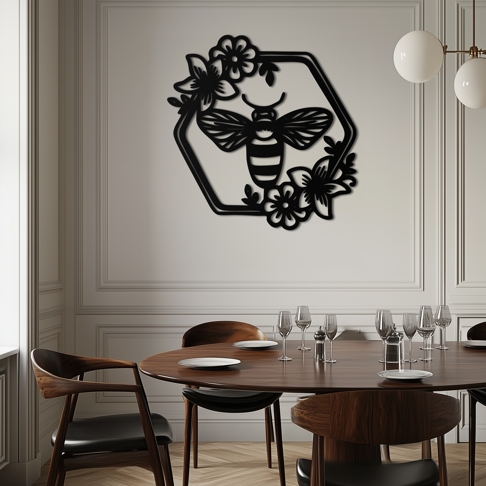 Floral Bee Silhouette Metal Wall Art – Nature Inspired Home Decoration- KAF544