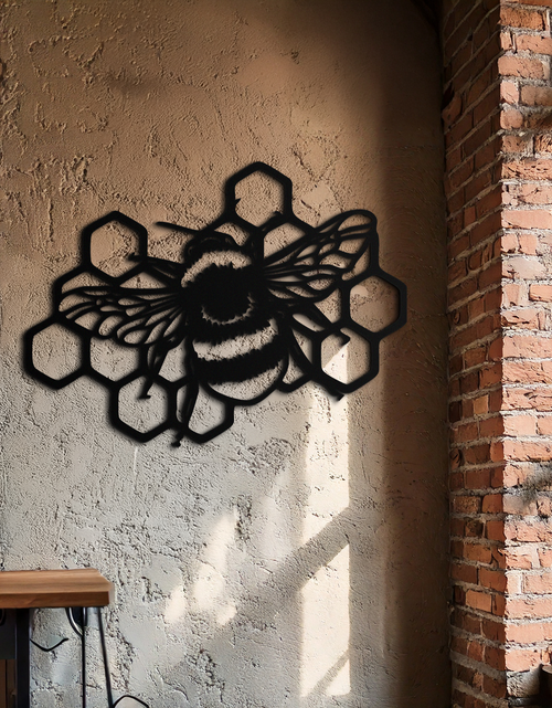 Load image into Gallery viewer, Bumblebee and Honeycomb Silhouette Metal Wall Art – Nature-Inspired Black Bee Decor- KAF545
