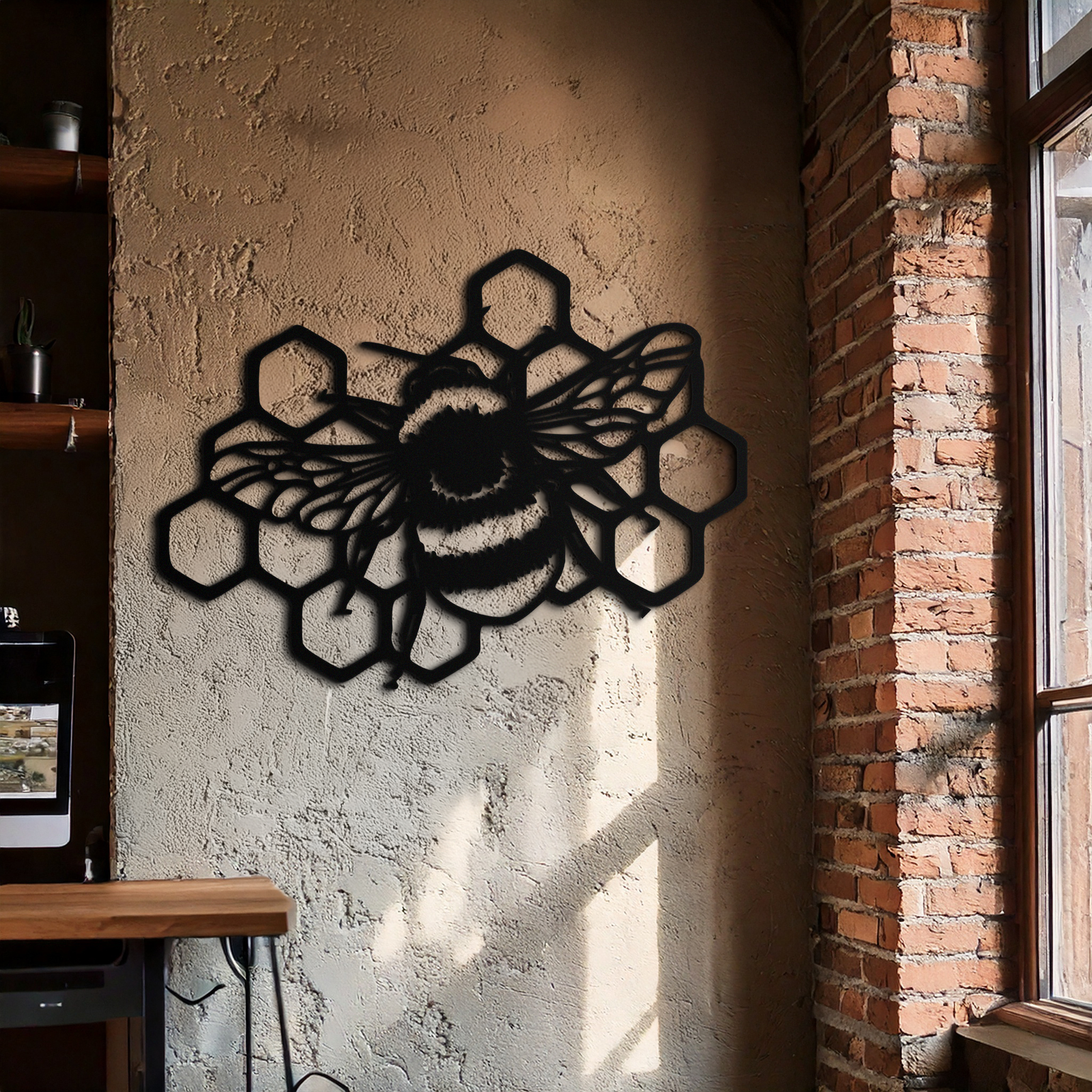 Bumblebee and Honeycomb Silhouette Metal Wall Art – Nature-Inspired Black Bee Decor- KAF545