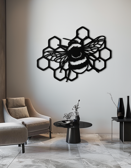 Load image into Gallery viewer, Bumblebee and Honeycomb Silhouette Metal Wall Art – Nature-Inspired Black Bee Decor- KAF545
