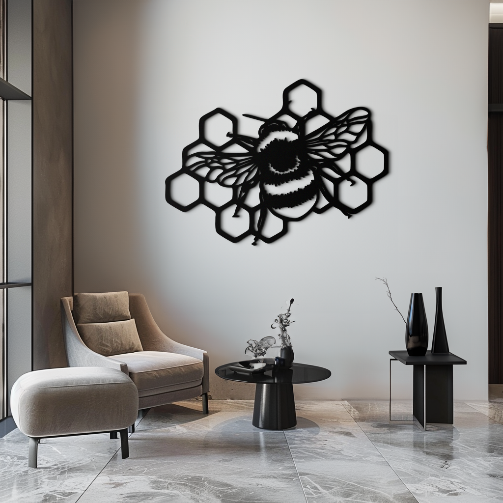 Bumblebee and Honeycomb Silhouette Metal Wall Art – Nature-Inspired Black Bee Decor- KAF545