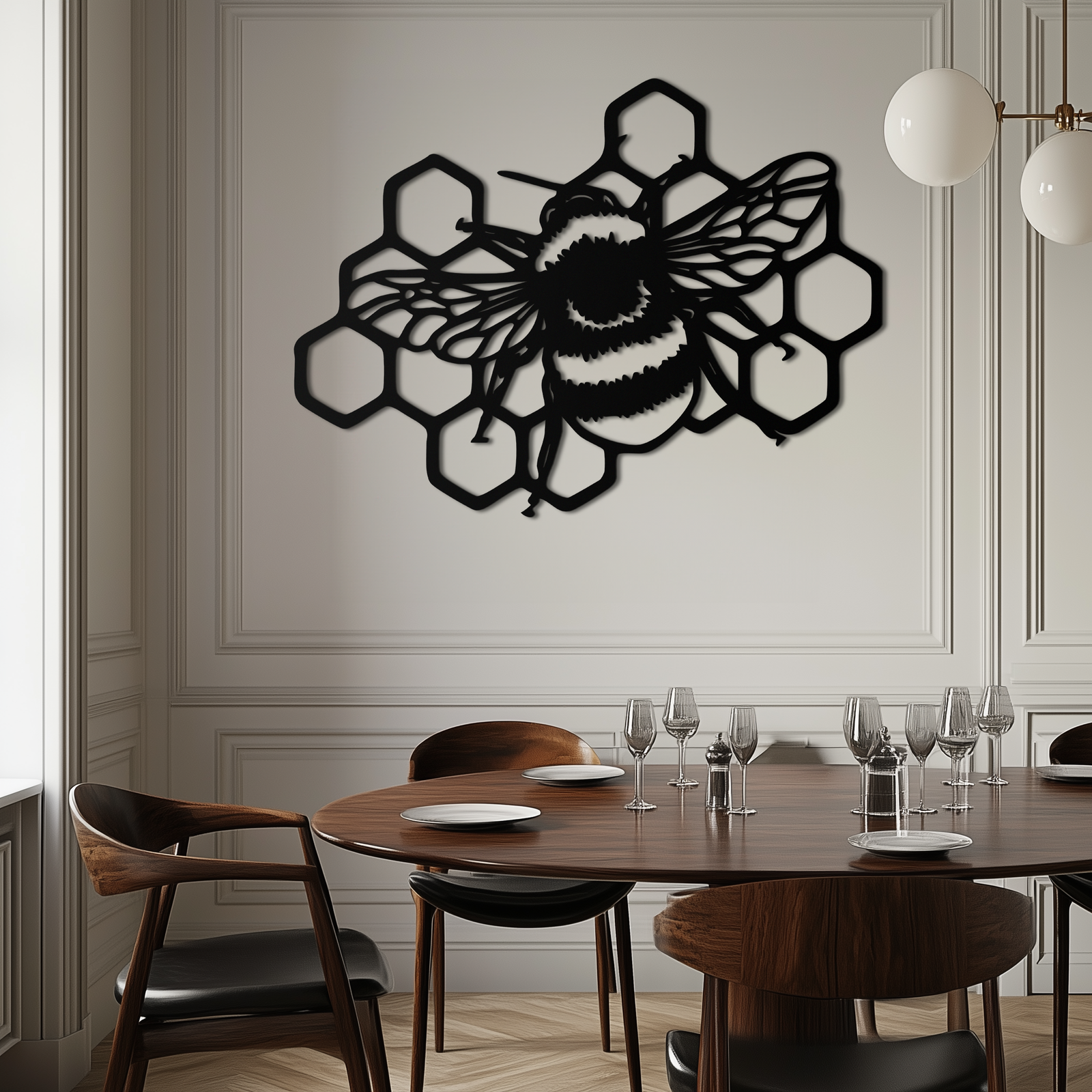 Bumblebee and Honeycomb Silhouette Metal Wall Art – Nature-Inspired Black Bee Decor- KAF545