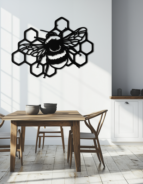 Load image into Gallery viewer, Bumblebee and Honeycomb Silhouette Metal Wall Art – Nature-Inspired Black Bee Decor- KAF545
