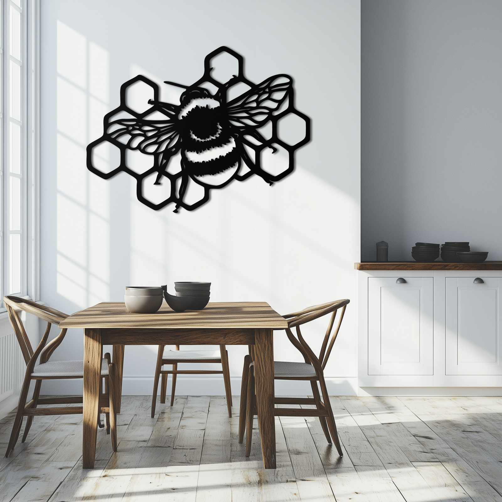 Bumblebee and Honeycomb Silhouette Metal Wall Art – Nature-Inspired Black Bee Decor- KAF545