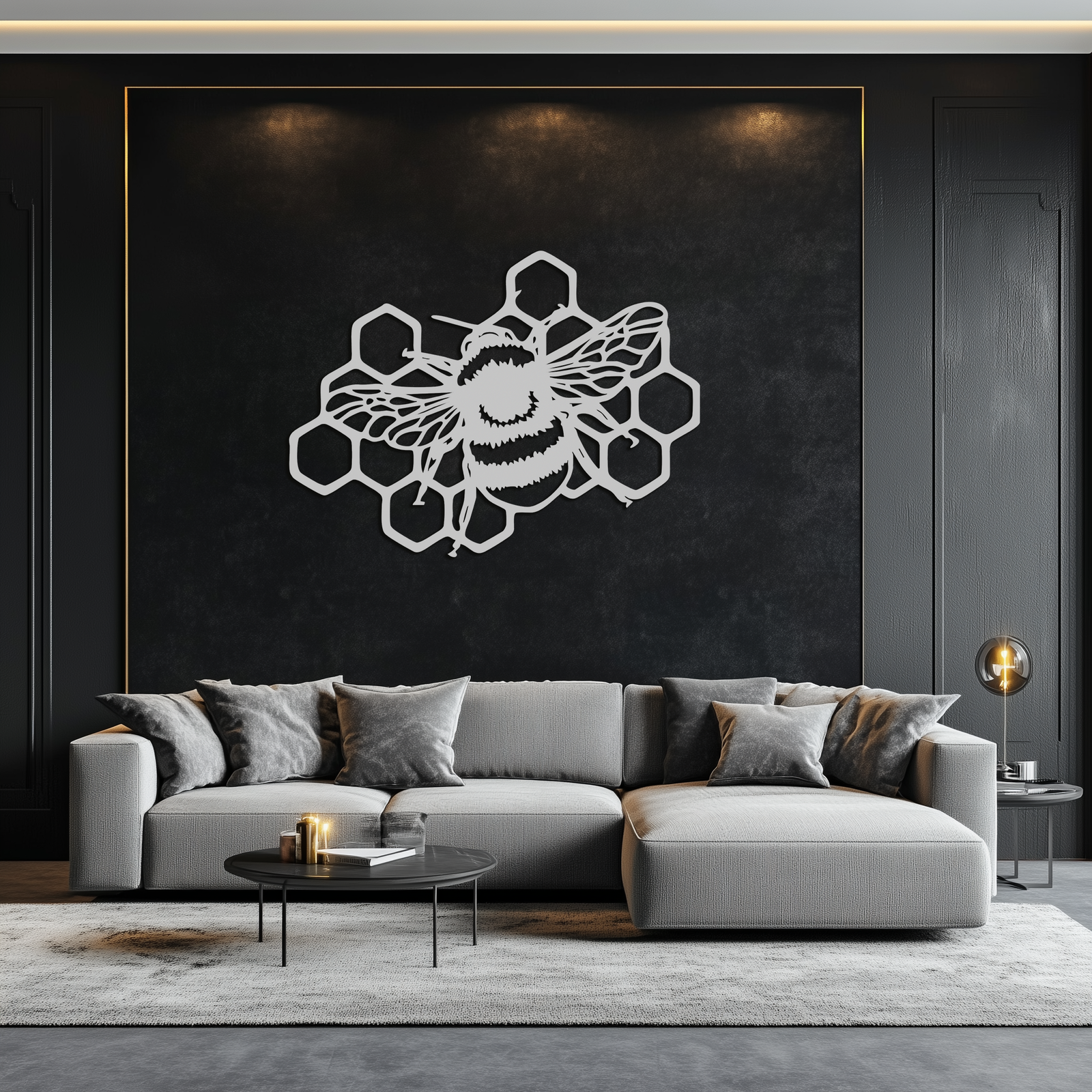 Bumblebee and Honeycomb Silhouette Metal Wall Art – Nature-Inspired Black Bee Decor- KAF545