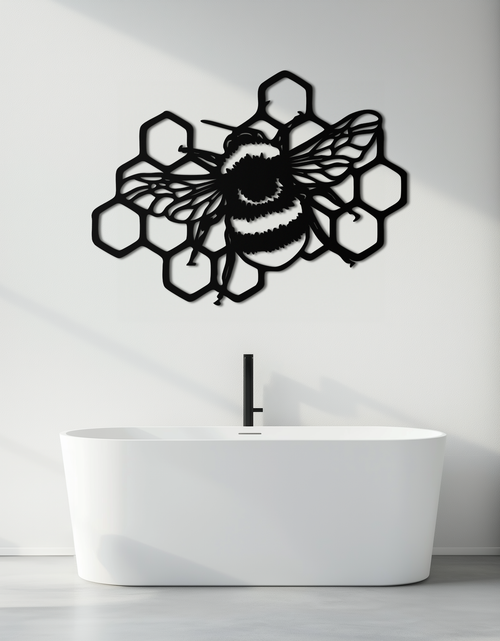 Load image into Gallery viewer, Bumblebee and Honeycomb Silhouette Metal Wall Art – Nature-Inspired Black Bee Decor- KAF545
