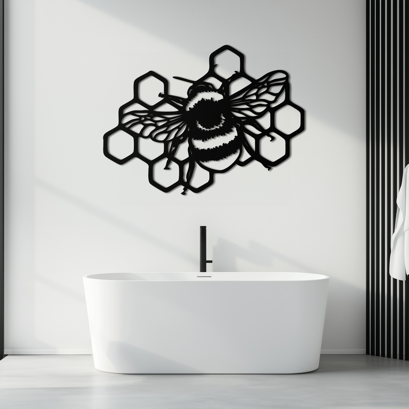 Bumblebee and Honeycomb Silhouette Metal Wall Art – Nature-Inspired Black Bee Decor- KAF545