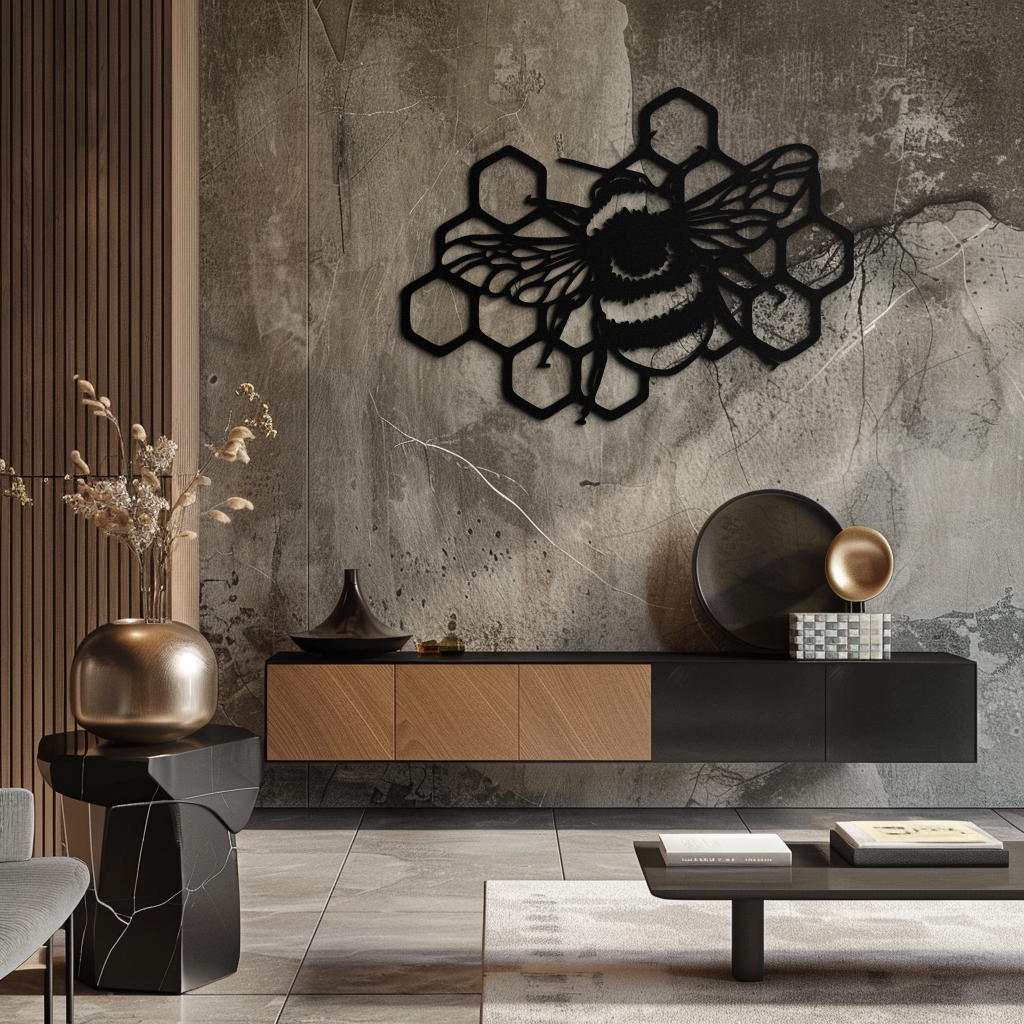 Bumblebee and Honeycomb Silhouette Metal Wall Art – Nature-Inspired Black Bee Decor- KAF545