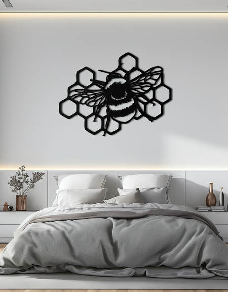 Yaban Arısı ve Bal Peteği Silueti Metal Duvar Sanatı – Doğadan Esinlenen Siyah Arı Dekoru- KAF545