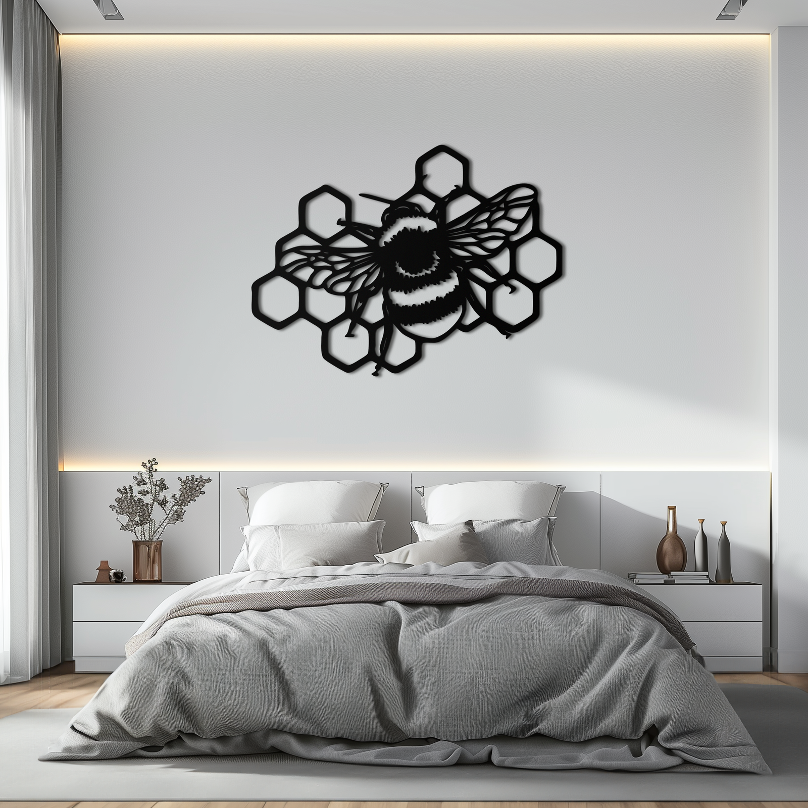 Bumblebee and Honeycomb Silhouette Metal Wall Art – Nature-Inspired Black Bee Decor- KAF545