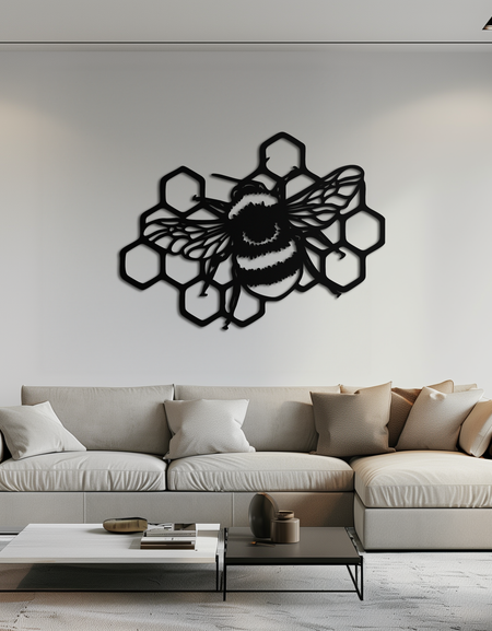 Yaban Arısı ve Bal Peteği Silueti Metal Duvar Sanatı – Doğadan Esinlenen Siyah Arı Dekoru- KAF545