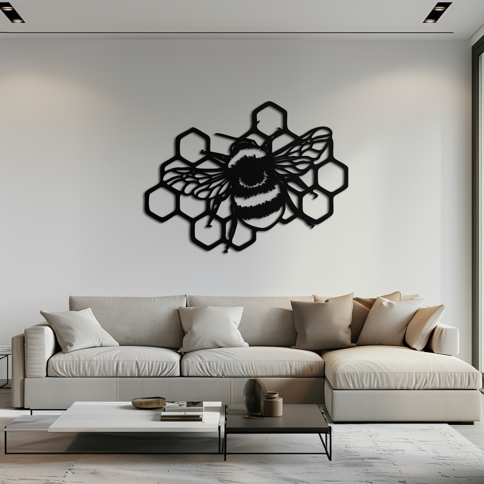 Bumblebee and Honeycomb Silhouette Metal Wall Art – Nature-Inspired Black Bee Decor- KAF545
