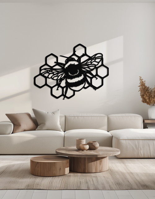 Load image into Gallery viewer, Bumblebee and Honeycomb Silhouette Metal Wall Art – Nature-Inspired Black Bee Decor- KAF545
