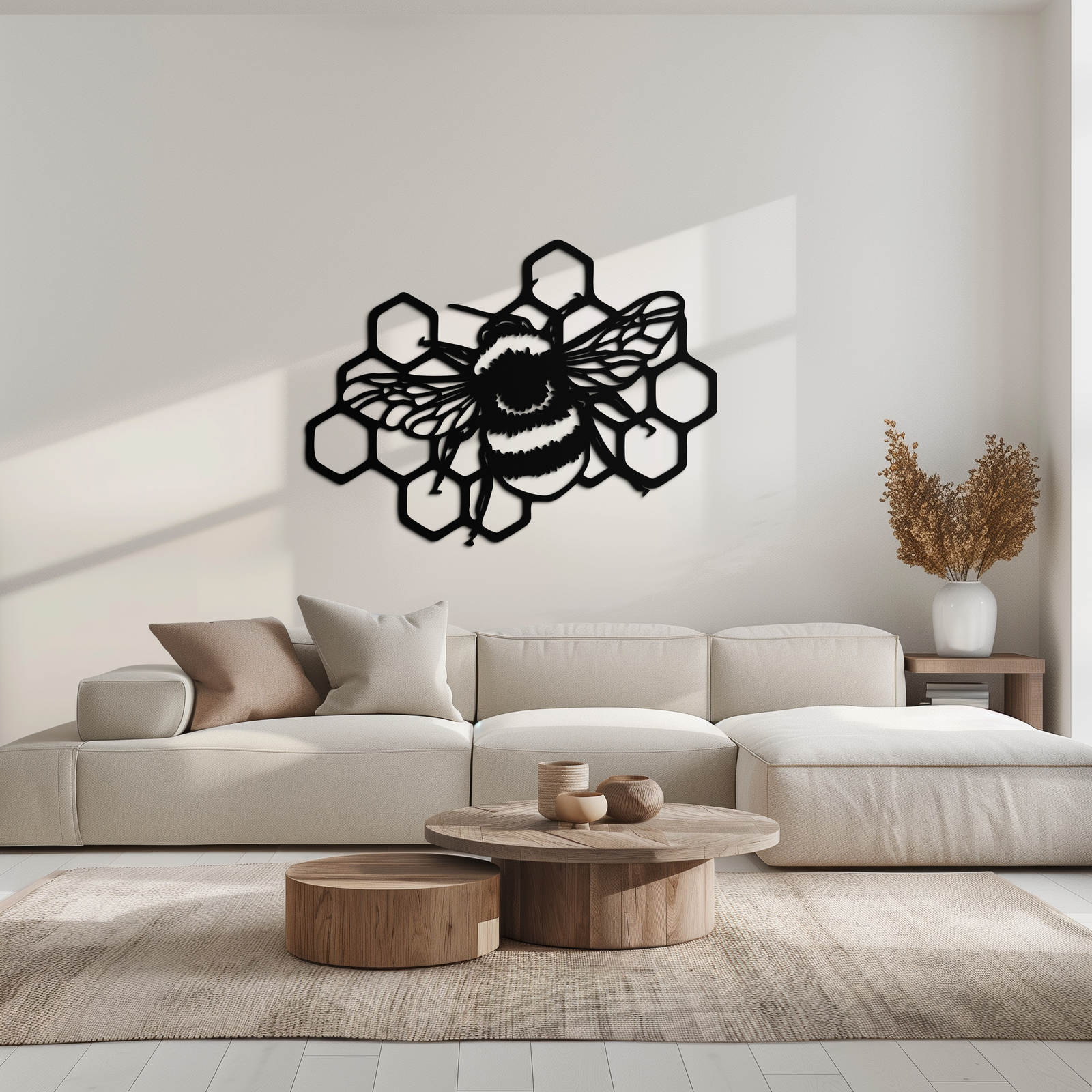 Bumblebee and Honeycomb Silhouette Metal Wall Art – Nature-Inspired Black Bee Decor- KAF545