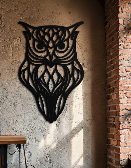 Sanatsal Baykuş Silüeti Metal Duvar Sanatı – Karmaşık Siyah Hayvan Dekoru- KAF546