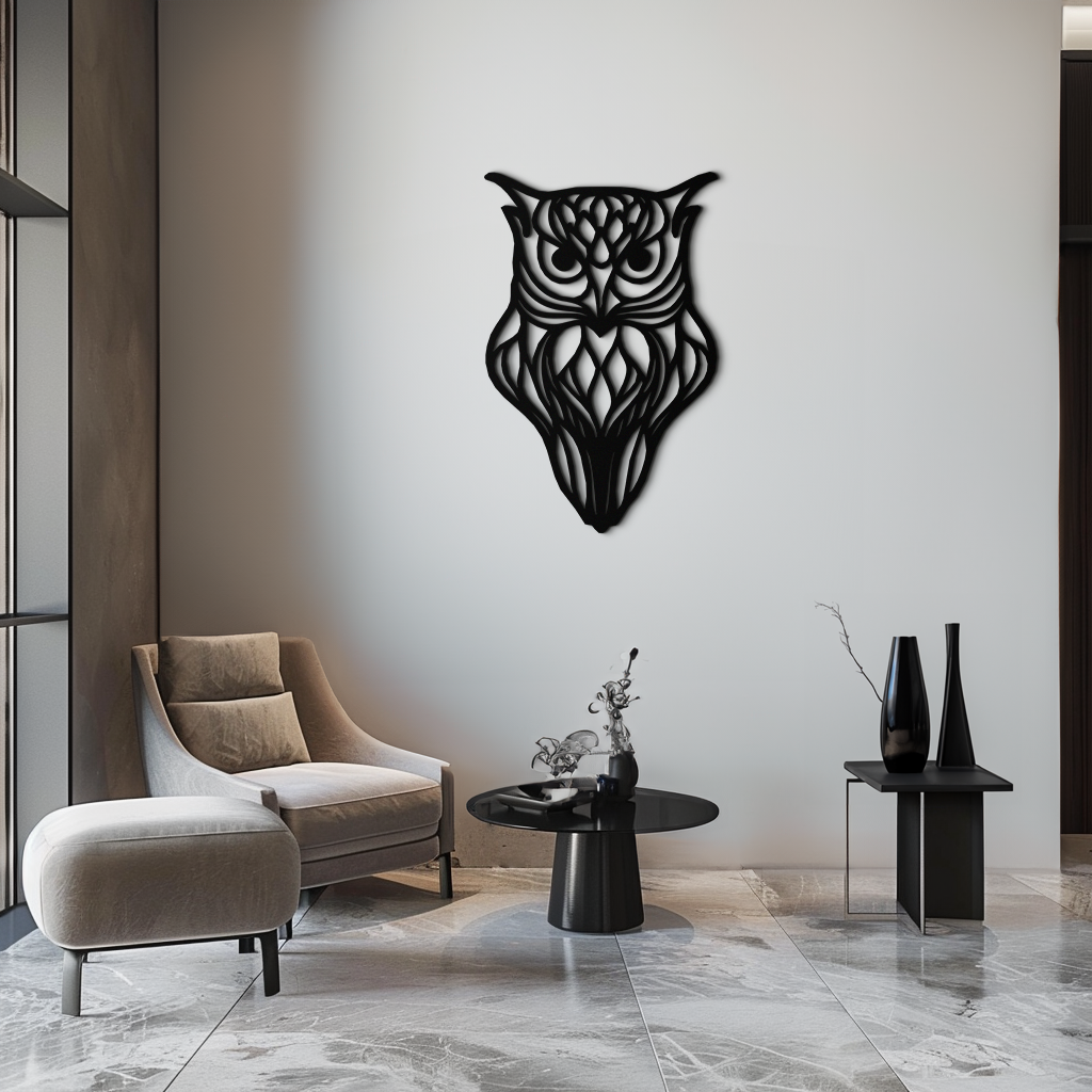 Artistic Owl Silhouette Metal Wall Art – Intricate Black Animal Decor- KAF546
