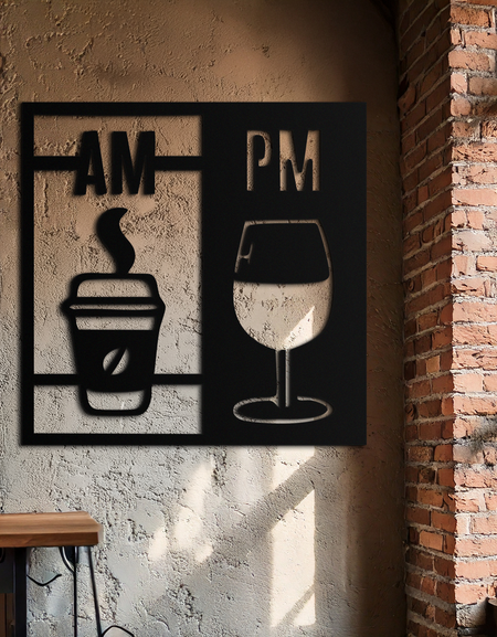 Sabah Kahvesi ve Akşam Şarabı Metal Duvar Sanatı – AM PM Modern Siyah Mutfak Dekoru- KAF547