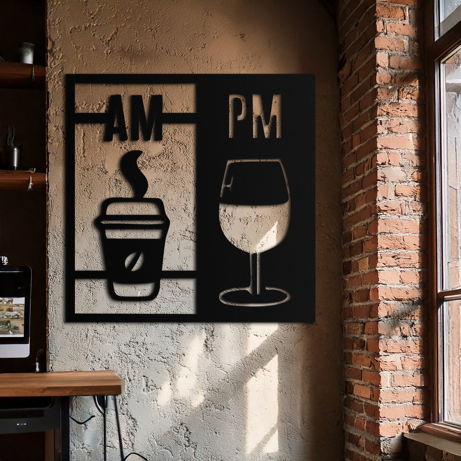 Morning Coffee and Evening Wine Metal Wall Art – AM PM Modern Black Kitchen Decor- KAF547