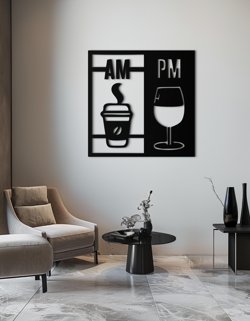 Load image into Gallery viewer, Morning Coffee and Evening Wine Metal Wall Art – AM PM Modern Black Kitchen Decor- KAF547

